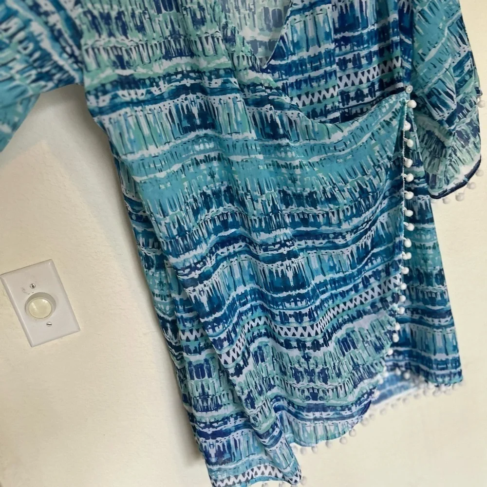 Venus XL Blue and White Coastal wrap/kimono cover-up with pom details